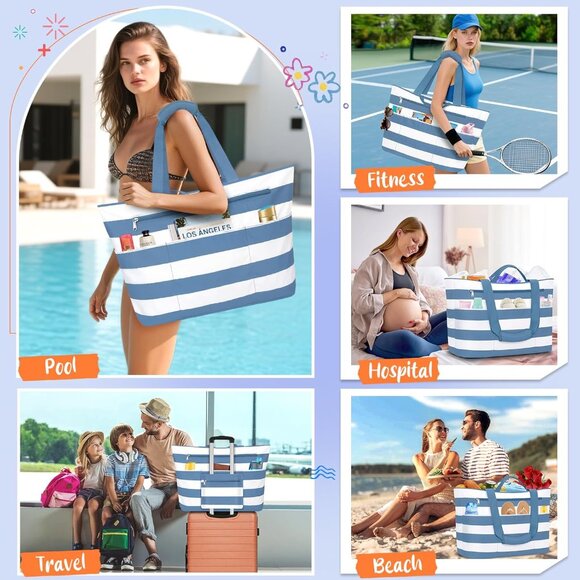 Women's Grey-blue White Waterproof Sandproof Xl Tote Zipper Foldable Beach Bags - Picture 7 of 8